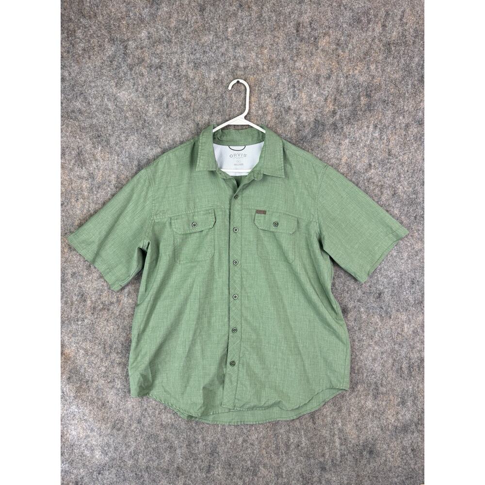 Orvis Shirt Mens XL Extra Large Green Solid Button Up Short Sleeve Pocket Casual